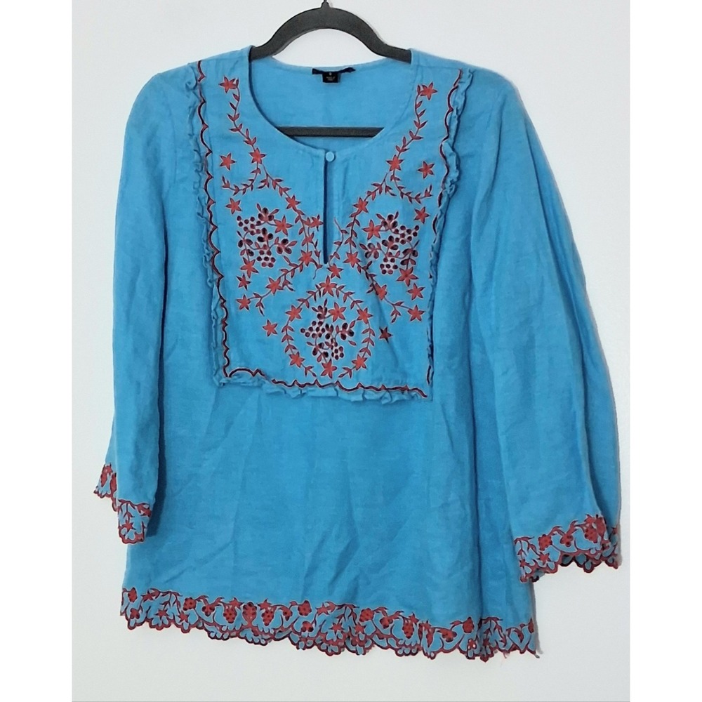 J Crew Blouse Women's Size Small Blue‎ Linen Blouse Embroidered Boho Peasant